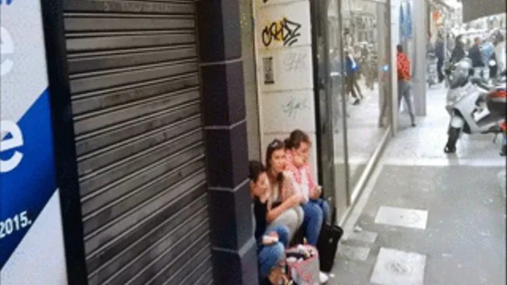 3 Phoning & Smoking Shopping Girls on Stairs