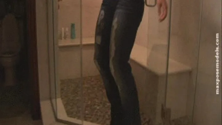 Jeans In The Shower with Black Lace Bra