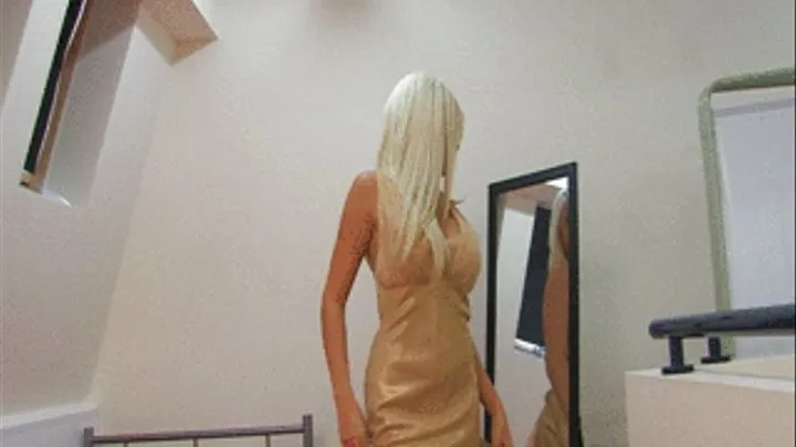 SU379 Beautiful Chloe Dee looks amazing in her long, golden satin dress but she looks even better as she slowly lifts the hem of it just for all of us