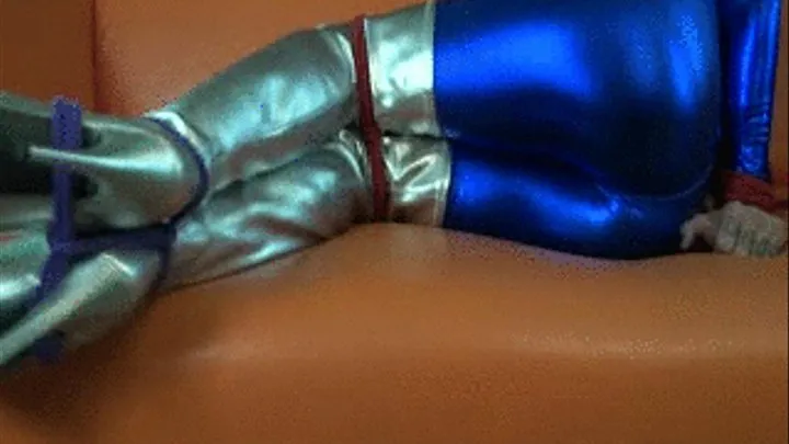 Bound Shiny Costumed Superhero Struggling