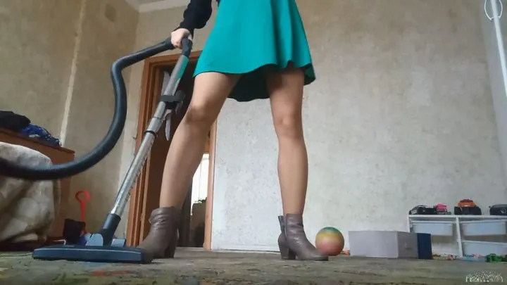 vacuuum in short skirt and stokings