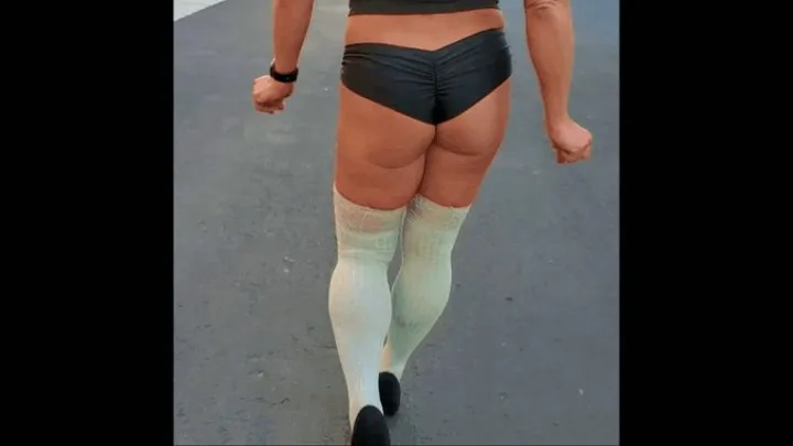 So Cal Muscular Calves Black Booty Shorts and High Heels Outdoors