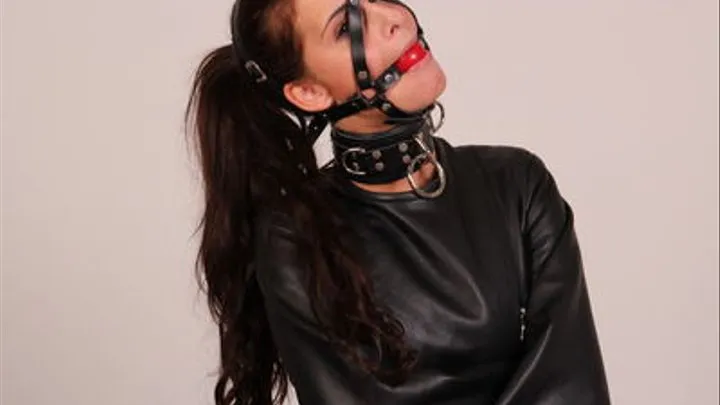 Nelly in harness ballgag and leather straitjacket