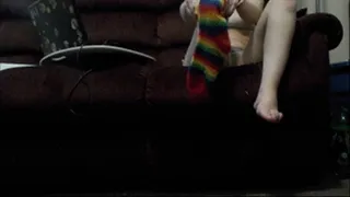 Foot and Calf Tease in Rainbow Knee High Socks