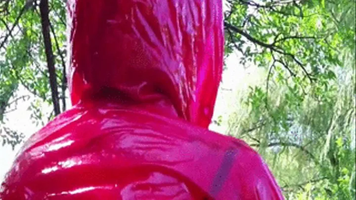 Outdoors in red plastic lingerie and jacket