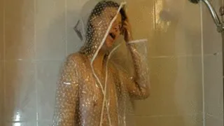 Taking a shower in a raincoat with hood
