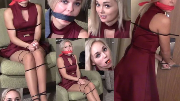 19 year old gags herself with her sock and a necktie and is ziptied gagged