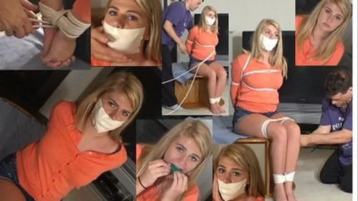 The on screen tying and gagging of an 18 year old who gags herself with her panties