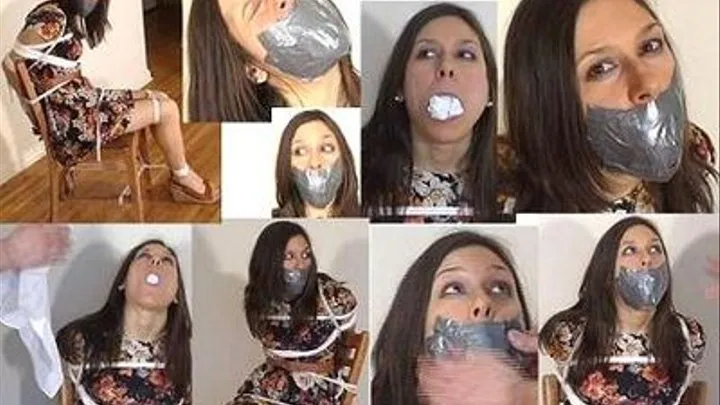 Double stuffed gag with two hankies and sticky duct tape(She stretches her face but it will not come off)