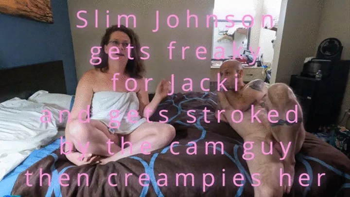 Sexy, zaddy, Slim Johnson gets his first handjob from a male before Jacki Love rides his creampie out of him