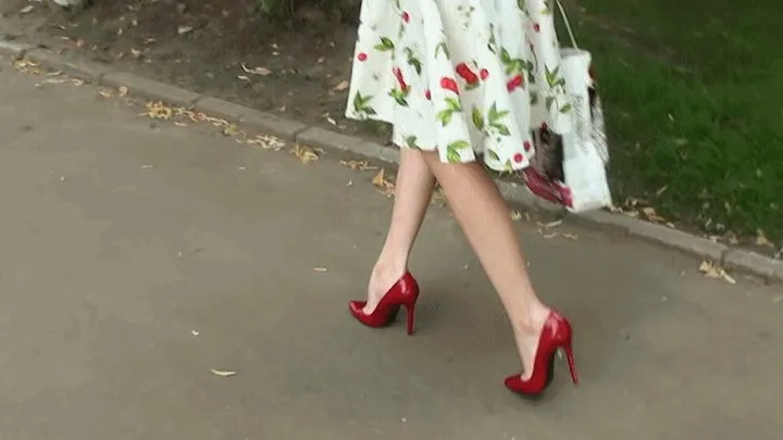 RED STILETTO HEELS IN PUBLIC