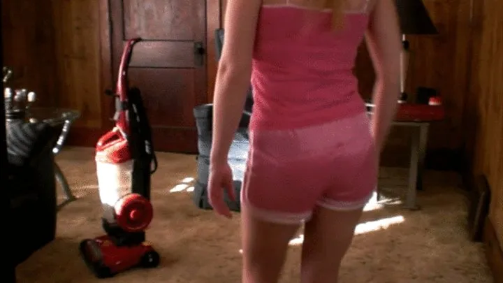 Vacuuming in pink shorts 2