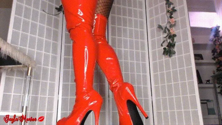 Shiny Red Thigh High Boots Worship