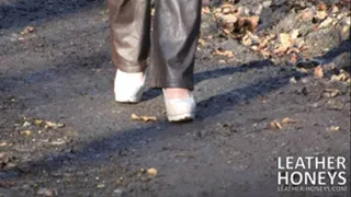 Muddy walk in Leather Pants & White High Heels