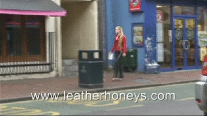 Kes visits Bank in Tight Leather Trousers & PVC Vinyl Mac