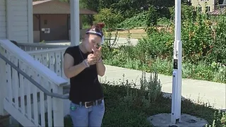 Redhead smoking outside