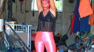 Stephanie tied in garage in Pink Spandex Disco Jeans