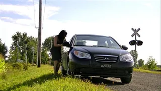 Cleo licks feet in the car