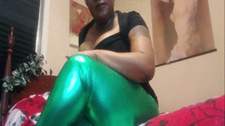 Green nails and Green Shiny Liquid Metallic Leggings.