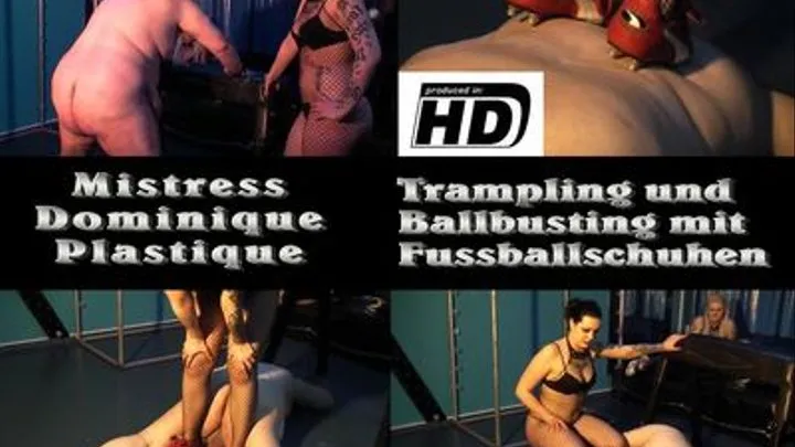 Mistress Dominique Trampling und Ballbusting mit Fussballschuhen