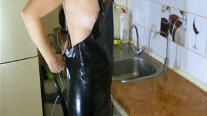 Only in black Latex Apron and yellow Rubber Gloves