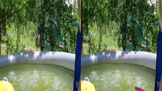 3D- 2 girls in Smocks playing in a outdoor pool