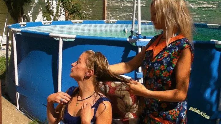 Hair drying with Christina and Nikki in smocks