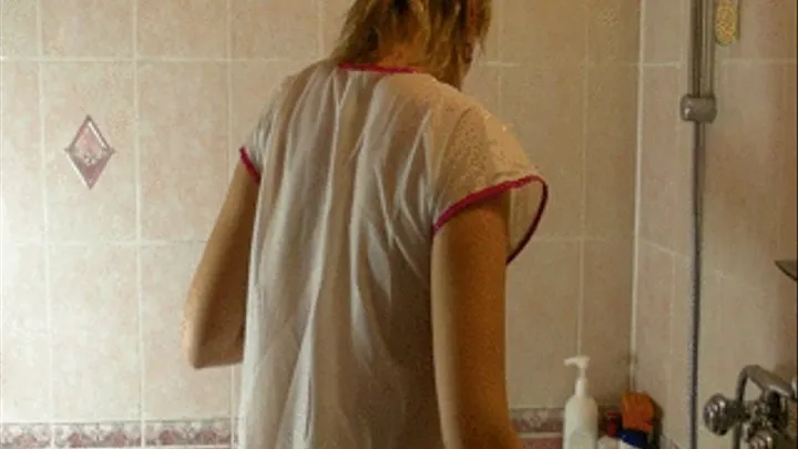 Julie in Nylon Smock get wet while clearing bath