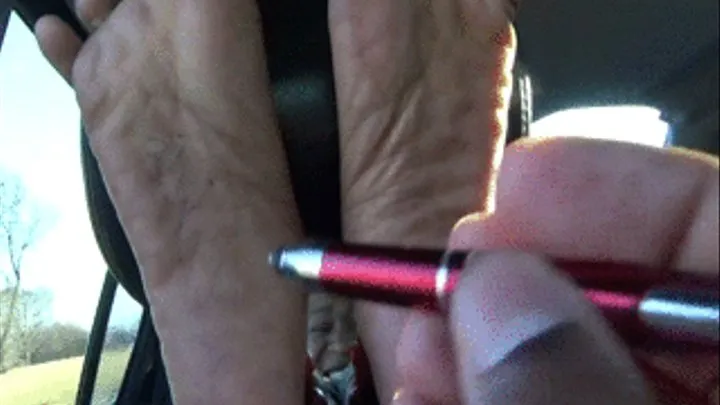 Soleflowergoddess gets her sweaty, super wrinkled soles scribbled on and tickled in the car while they are locked in the head rest! Clip 2