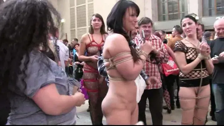 Three Girl Public Bondage Walk - Nude and tied in Public! - Part 2