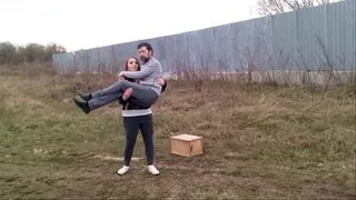 Carry 702 - Strong girl carrying her male friend 15 New ( Wife lifting her husband )