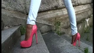 TAMIA IN PINK HEELS & JEANS ON A STAIR WALK WITH CLOSE-UPS