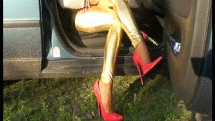 TAMIA IN 7.5" STILETTOS AND GOLDEN LATEX LEGGINS HIGH HEELS