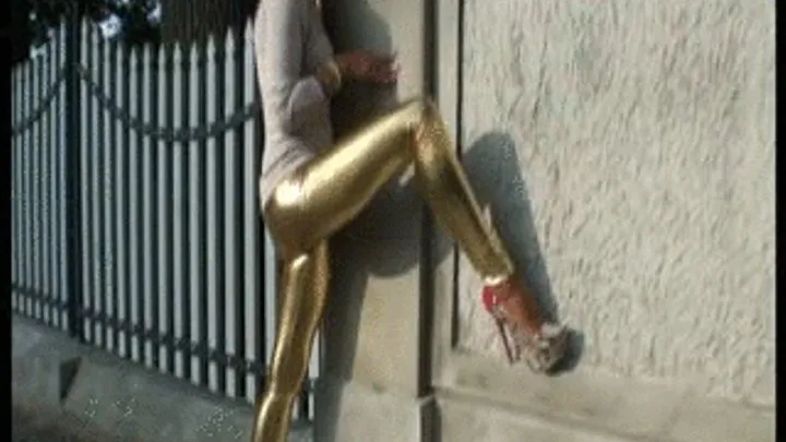 SEXY TAMIA IN 7" PYTHON HIGH HEELS AND GOLDEN LATEX LEGGINS