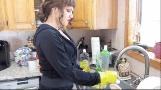 Victoria Washes Dishes and Floor Rubber Gloves