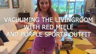 VACUUMING LIVINGROOM WITH RED MIELE AND PURPLE SPORTS OUTFIT