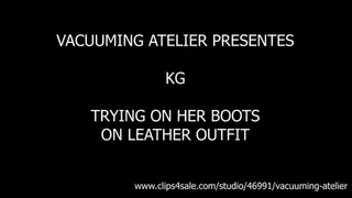 KG TRYING ON HER BOOTS ON LEATHER OUTFIT 1