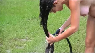 Summer Washes her Long Hair with the Hose