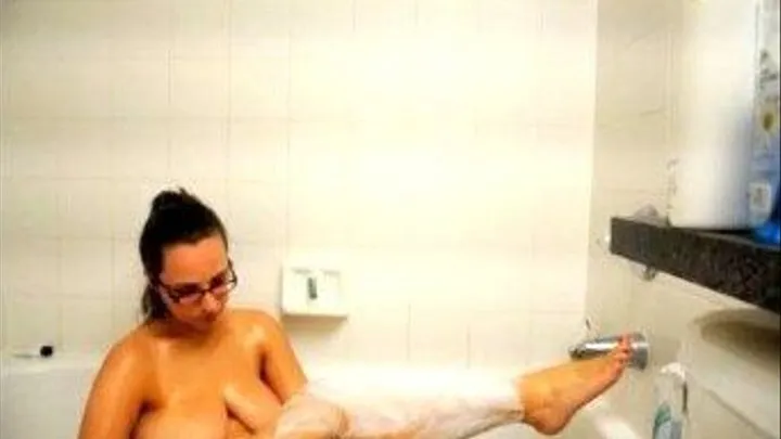 Liz River takes a bath Busty Brunette Hair Up with Nerdy Eyeglasses Soapy Bubbles and Leg Shave