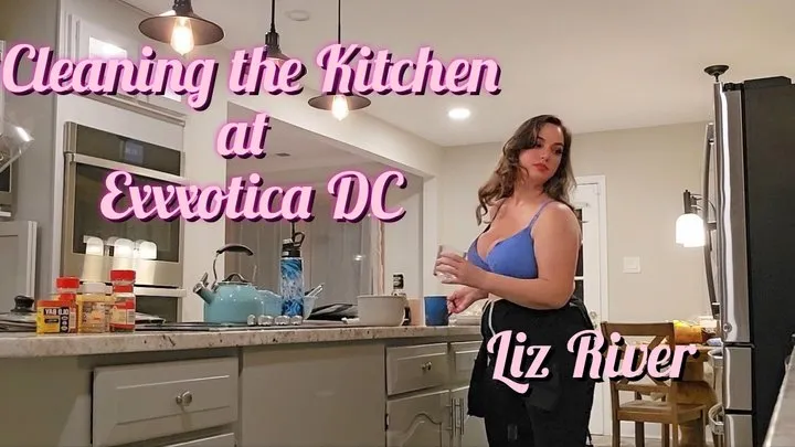 Cleaning the Kitchen at Exxxotica DC in my Clips4Sale Catsuit upzipped, 34DDD Blue Bar Exposed, Housecleaning, Real Life