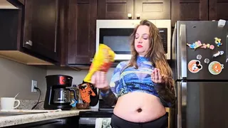 Liz River Belly Button Stuffing Challenge with Self Tickle, Food Stuffing, Messy, Stomach, Crop Top, Thong, Long Hair,