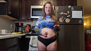 Unedited 2 Views!: Liz River Belly Button Stuffing Challenge with Self Tickle, Food Stuffing, Messy, Stomach, Crop Top, Thong, Long Hair, Behind the Scenes