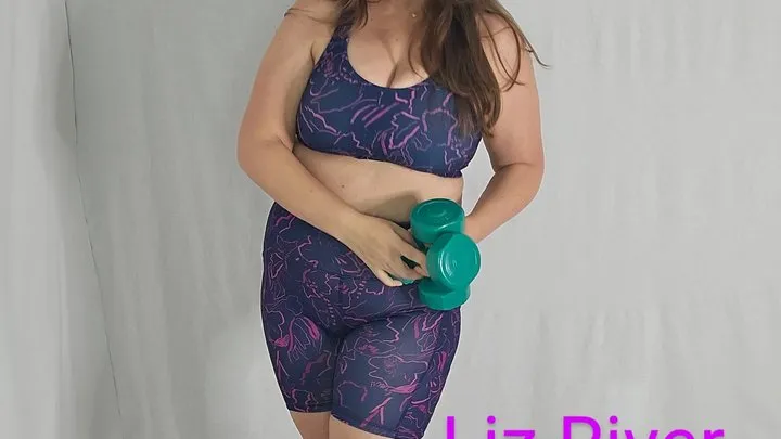 Full Length: Purple Workout Clothes with Liz River, includes front view and side view Sport Bra and Bike Shorts Outfit