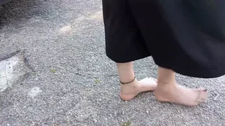 Walking barefoot on asphalt and mountain