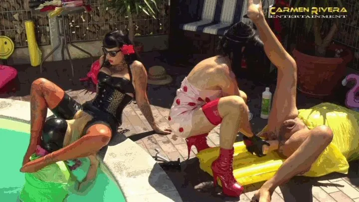 Carmen Rivera & Lady Vampira are celebrating a pool party with their slaves in the Femdom Empire Part 4