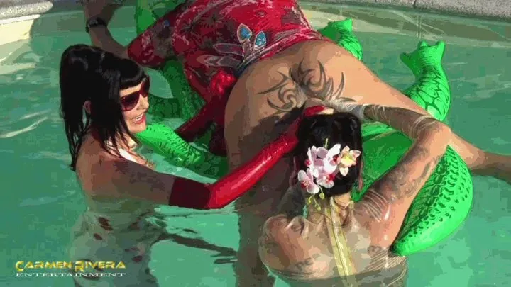 Carmen Rivera & Lady Vampira are celebrating a pool party with their slaves in the Femdom Empire Part 7