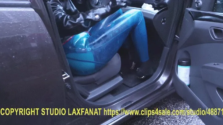 Transparent Blue Latex Ass Push-Up Leggins Plugged in the City Walk and Self Fuck with Huge Rubber Dildo Outdoors-Nipple and Labia Piercings Out-PART II