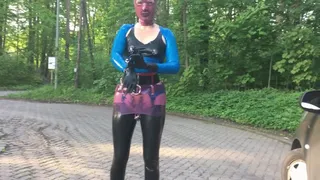 Pierced Latex Doll in transp Skirt Blouse Stockings Mask and Gloves Stretched Nipples Walks in the city and makes Blow Job P5