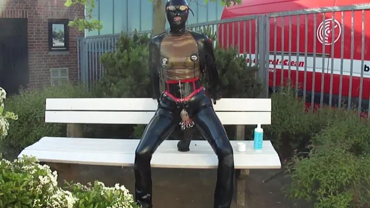 Pierced Plugged Latex Doll Masturbate Monster Rubber Dildo Pee and Blow Job in Black Jeans Corset Mask Blouse and Gloves Stretched Nipples in Public P3