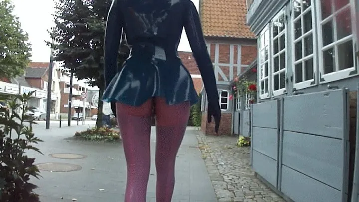 Laxie latex pink leggings and mask by Libidex, waist clincher Demask, stockings with garter belt underneath the leggings and gloves inserts metal butt plug walks in the center of the city PART II Remastered